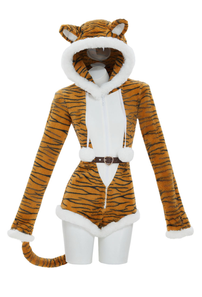 [MobFur] Sexy Plush Homewear Romper Furry Hooded Tiger Print Bodysuit with Tail and Belt