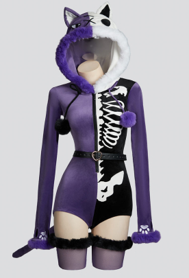 Fallen Angels Gothic Purple Black Colorblock Bodysuit Plush Contrasting Symmetry Skull Pattern Bodycon Romper with Tail and Belt