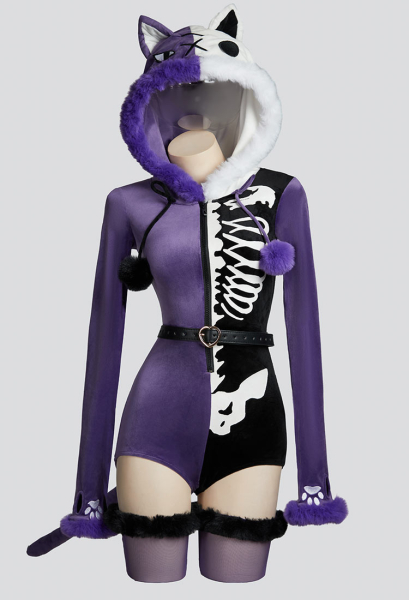 Fallen Angels Gothic Purple Black Colorblock Bodysuit Plush Contrasting Symmetry Skull Pattern Bodycon Romper with Tail and Belt