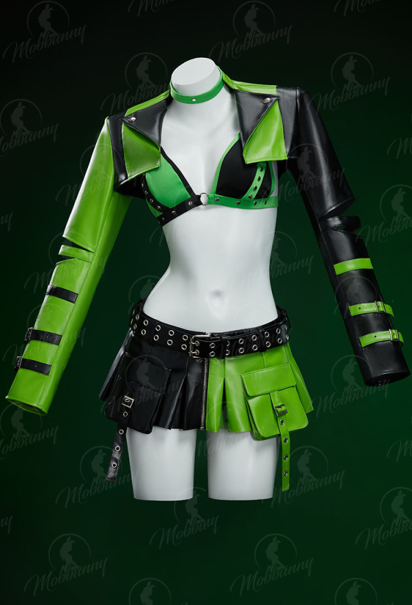 Green Menace Gothic PU Leather Lingerie Set Black and Green Jacket and Pleated Skirt