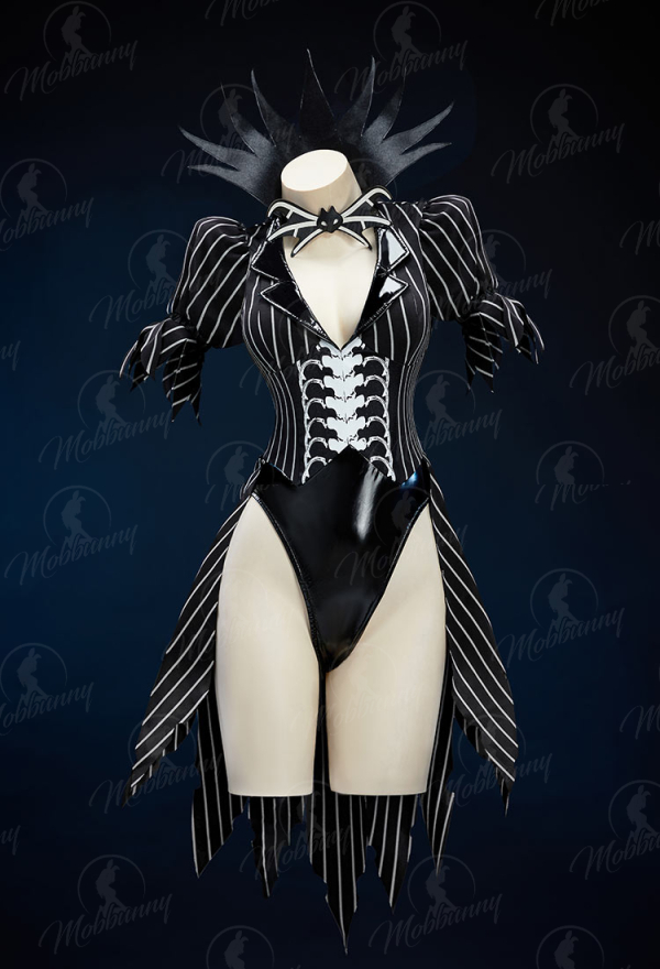 Sweet Nightmare Halloween Sexy Bunny Girl Suit Black White Striped Irregular Bodysuit with Sleeves and Socks