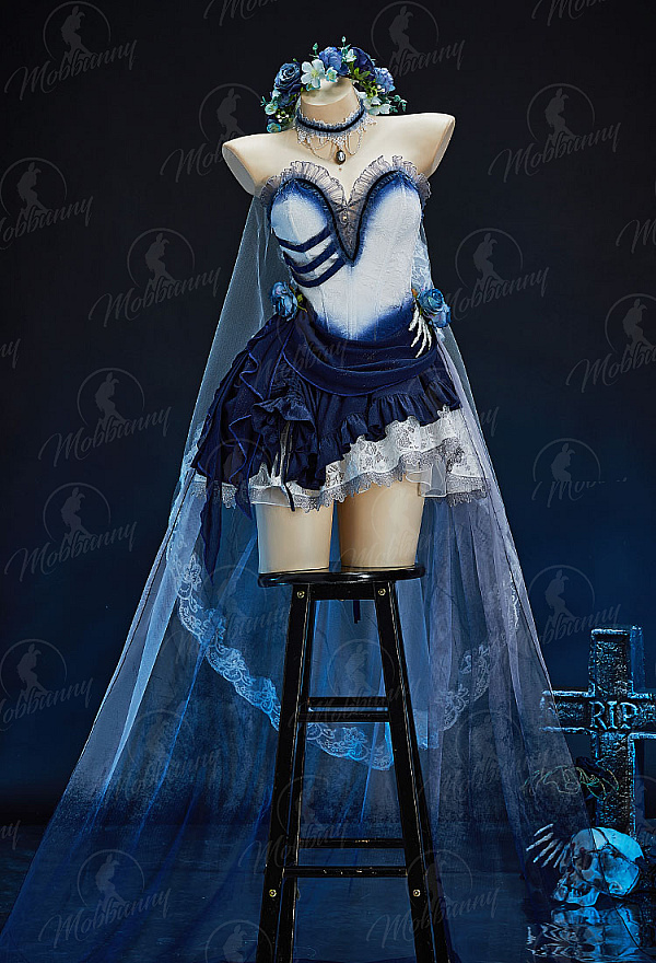 Halloween Gothic White and Blue Zombie Bride Costume Irregular Strapless Dress with Skirt and Veil
