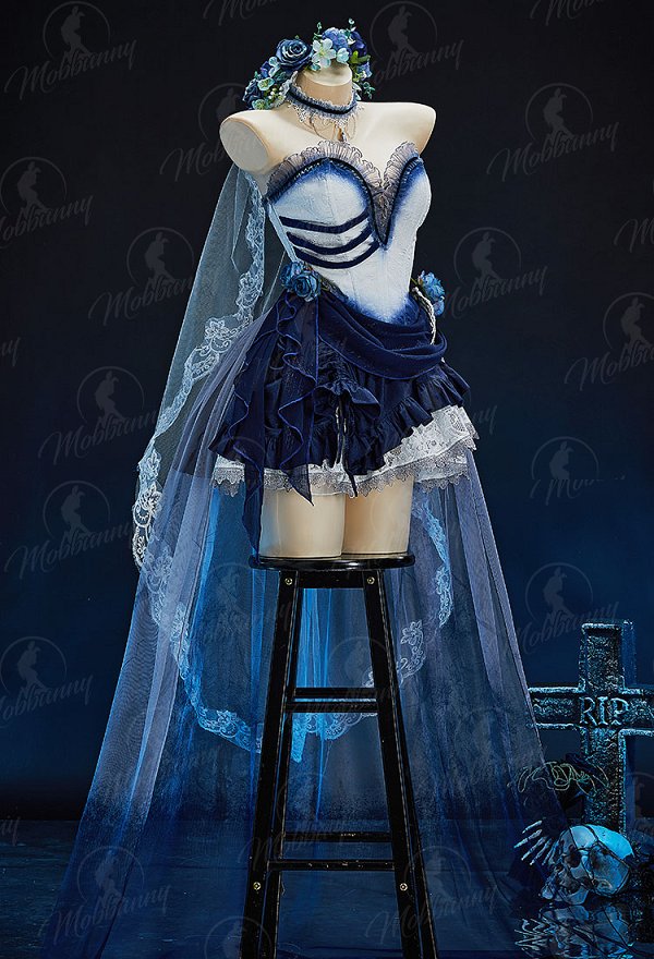 Halloween Gothic White and Blue Zombie Bride Costume Irregular Strapless Dress with Skirt and Veil