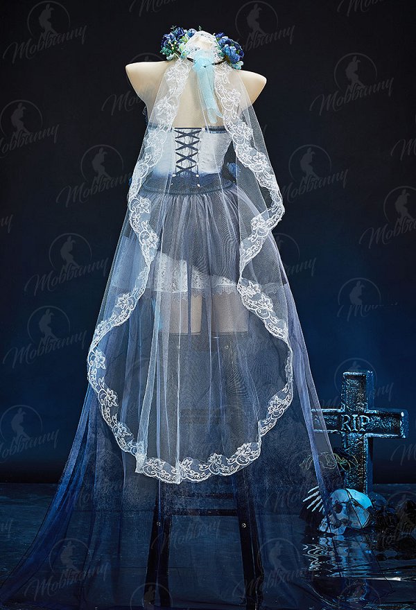 Halloween Gothic White and Blue Zombie Bride Costume Irregular Strapless Dress with Skirt and Veil