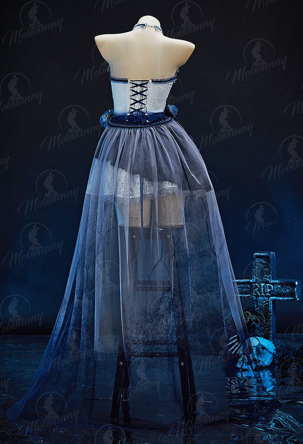 Halloween Gothic White and Blue Zombie Bride Costume Irregular Strapless Dress with Skirt and Veil