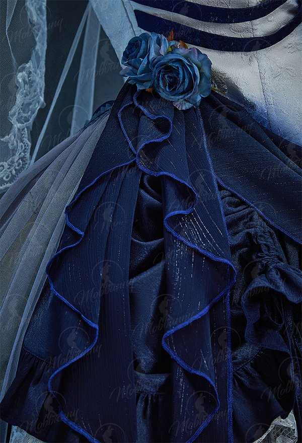 Halloween Gothic White and Blue Zombie Bride Costume Irregular Strapless Dress with Skirt and Veil
