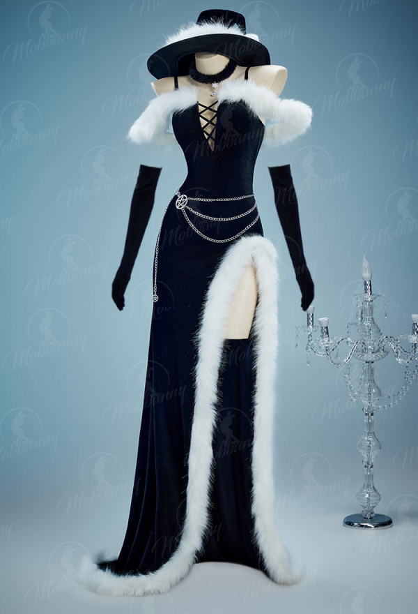 Silent Night Christmas Gothic Black Dress Set Dark Witch Style Furry Dress with Hat Gloves