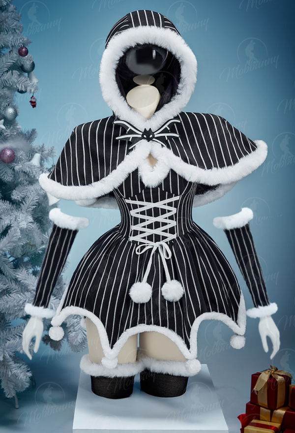 Sweet Nightmare Jack Skellington Style Gothic Costume Striped Dress with Cloak and Sleeves Christmas Outfits