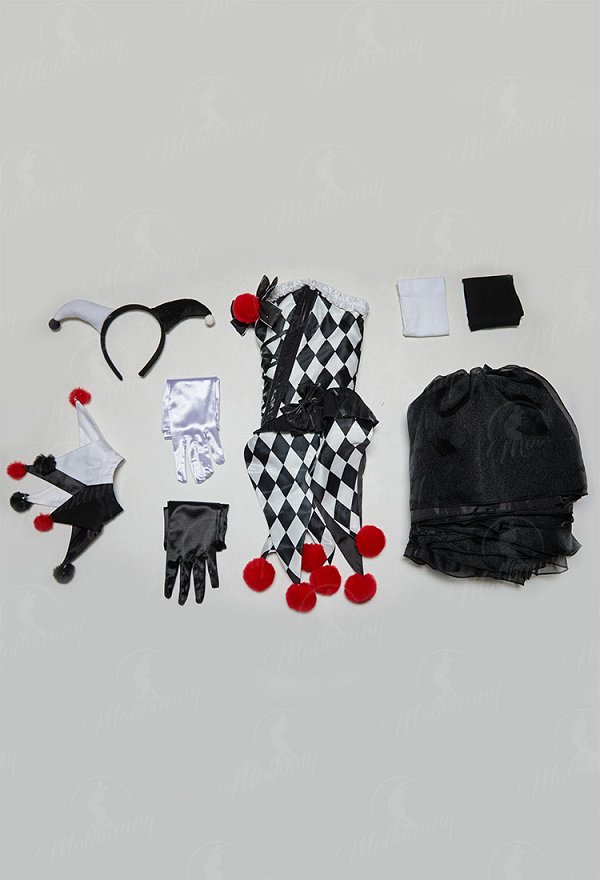 Gothic Plaid Clown Corset Skirt Set Black and White Diamond Plaid Top and Tutu Skirt with Headband and Collar Gothic Plaid Clown Corset Skirt Set Black and White Diamond Plaid Top and Tutu Skirt with Headband and Collar