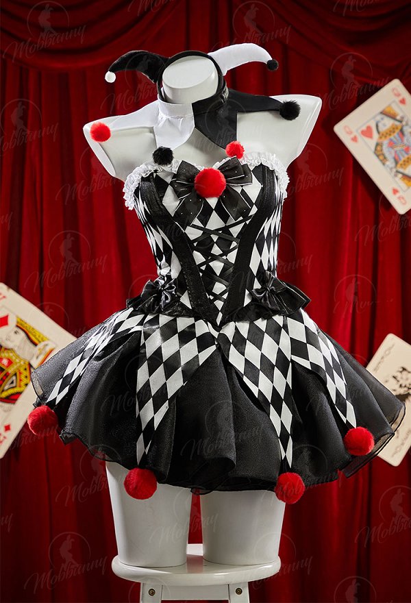 Gothic Plaid Clown Corset Skirt Set Black and White Diamond Plaid Top and Tutu Skirt with Headband and Collar Gothic Plaid Clown Corset Skirt Set Black and White Diamond Plaid Top and Tutu Skirt with Headband and Collar