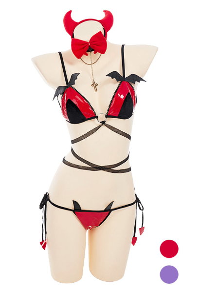 Sexy Lingerie Set for Women with Bow Choker and Devil Hairband Lace Up Bra and Thong for Fun