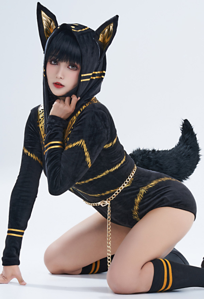 Dark Anubis Style Bodycon Romper Pajama 3D Ear Long Sleeve Zipper Bodycon Jumpsuit Sleepwear with Choker and Socks