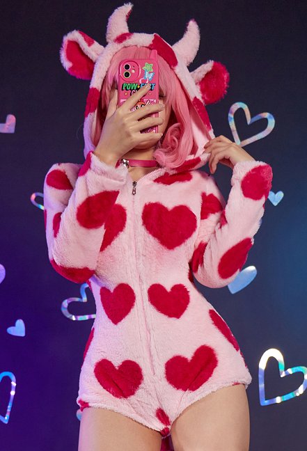 Kawaii Cow Style Bodycon Romper Pajama Heart Print Long Sleeve Zipper Bodycon Jumpsuit Sleepwear with Choker and Socks