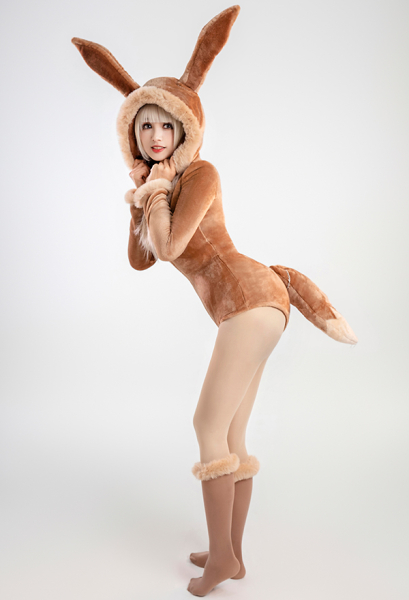 PM Derivative Sexy Lingerie Bodysuit Plush Hooded Deep V Romper and Socks with Belt and Tail