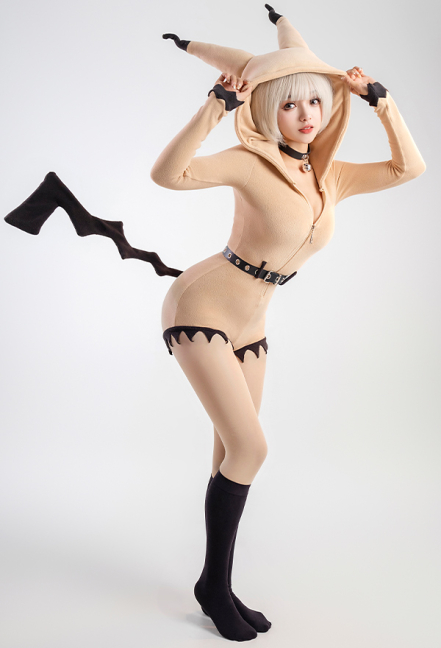 Mimikyu Derivative Sexy Hooded Bodysuit Deep V Kawaii One Piece Lingerie Rompers with Choker and Socks