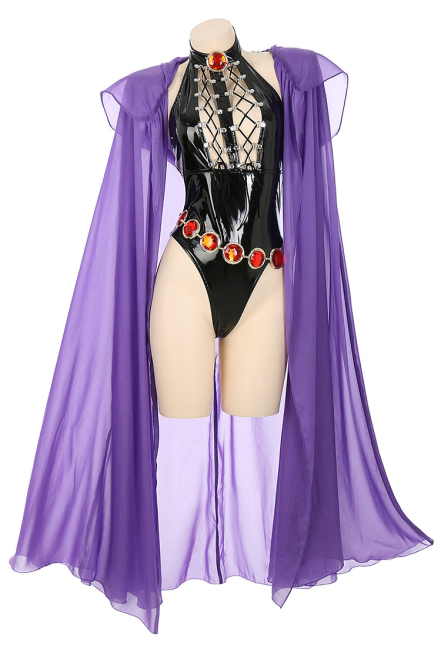Women Gothic Sexy Black Halter Backless Front Hollow High Slit PU Leather Bodysuit with Cloak and Chain