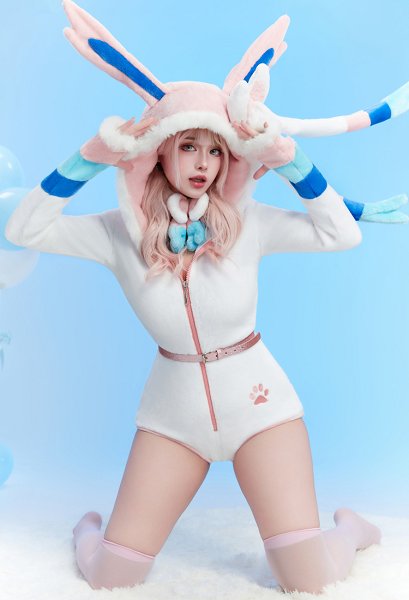 [MobFur] Sylveon Derivative Sexy Hooded Bodysuit Deep V Kawaii One Piece Lingerie Rompers with Choker and Socks