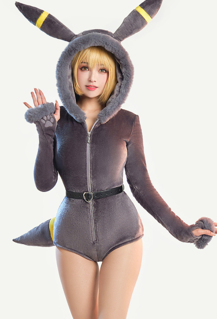 PM Derivative Sexy Lingerie Bodysuit Plush Hooded Deep V Romper and Socks with Belt and Tail