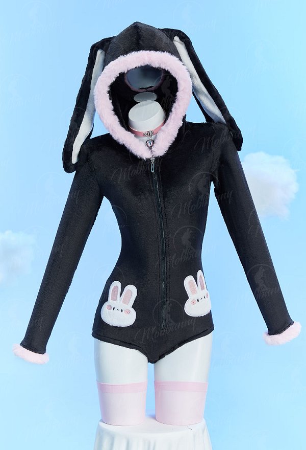 [MobFur] Cute Bunny Furry Bodycon Romper Kawaii Black Rabbit Bodysuit with Choker Tail and Stocks
