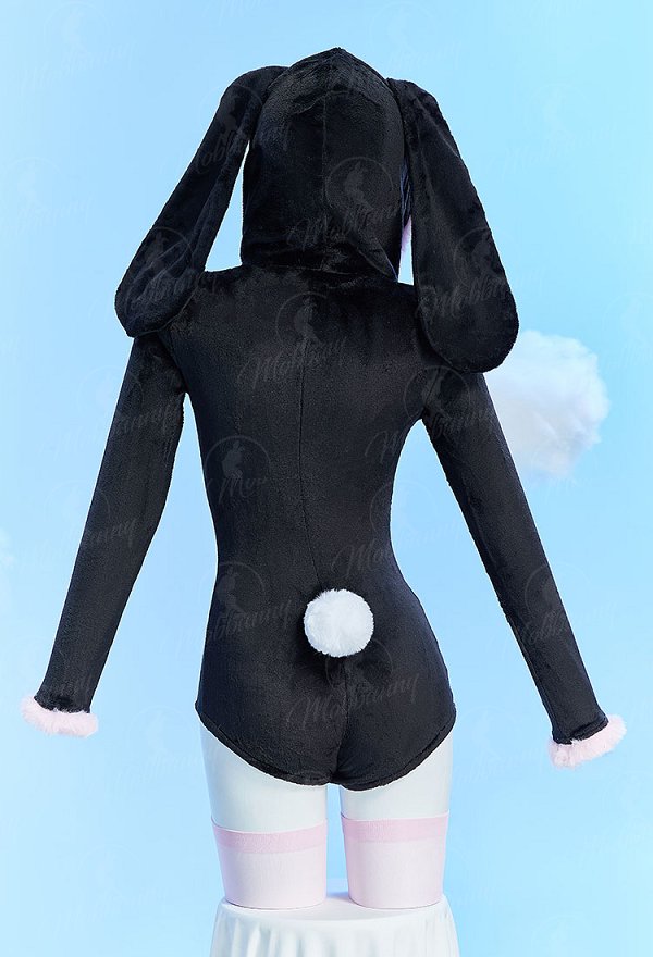 [MobFur] Cute Bunny Furry Bodycon Romper Kawaii Black Rabbit Bodysuit with Choker Tail and Stocks