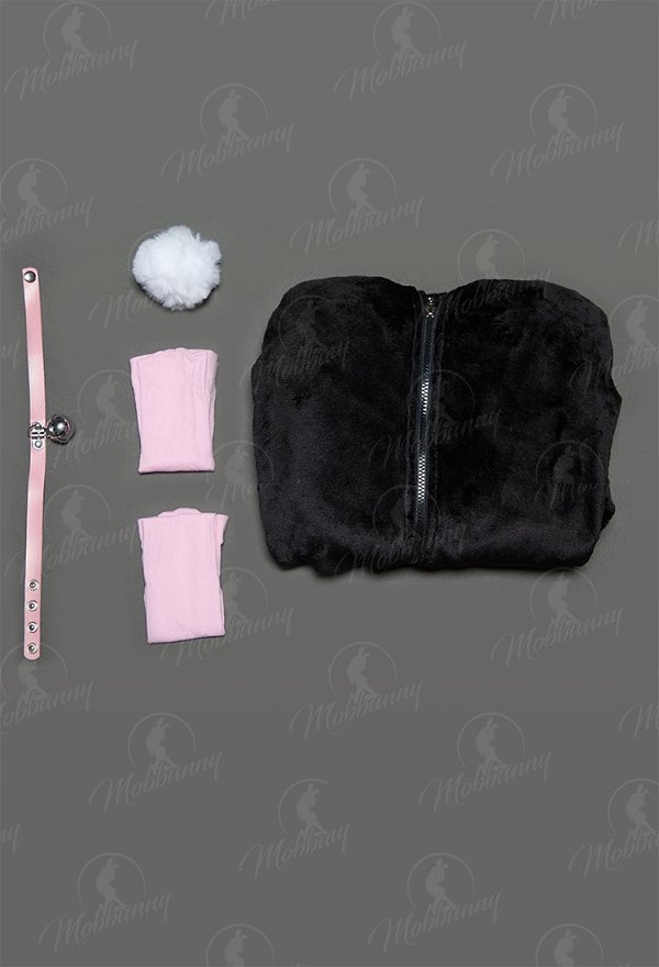 [MobFur] Cute Bunny Furry Bodycon Romper Kawaii Black Rabbit Bodysuit with Choker Tail and Stocks