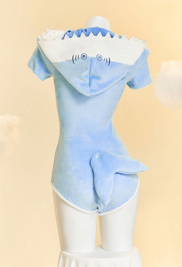 Blue Shark Comfy Sexy Lingerie Hooded Bodysuit with Tail Kawaii Bodycon Romper Homewear