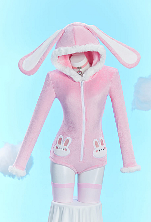 [MobFur] Cute Bunny Furry Bodycon Romper Kawaii Pink Rabbit Bodysuit with Choker Tail and Stocks