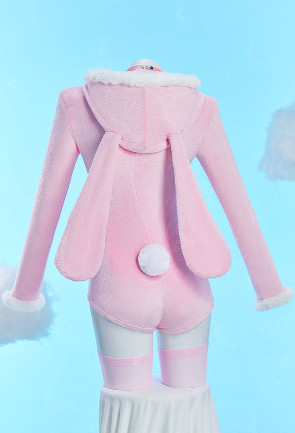 [MobFur] Cute Bunny Furry Bodycon Romper Kawaii Pink Rabbit Bodysuit with Choker Tail and Stocks