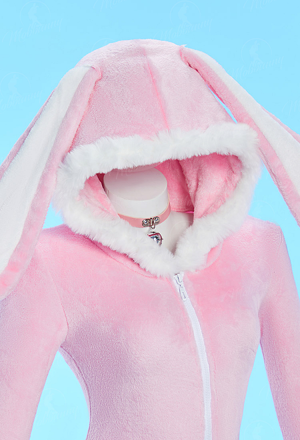 [MobFur] Cute Bunny Furry Bodycon Romper Kawaii Pink Rabbit Bodysuit with Choker Tail and Stocks