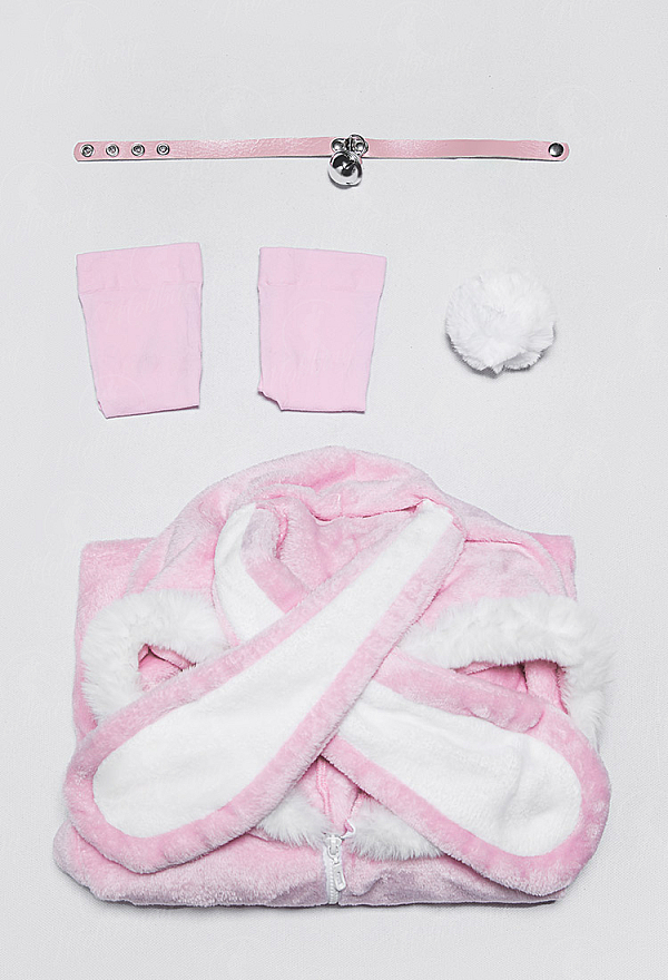 [MobFur] Cute Bunny Furry Bodycon Romper Kawaii Pink Rabbit Bodysuit with Choker Tail and Stocks