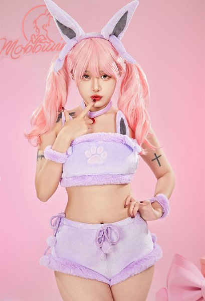 [MobFur] PM Derivative Kawaii Purple Plush Sexy Lingerie Set Crop Top and Shorts with Lace-up Panty Tail Socks Headband