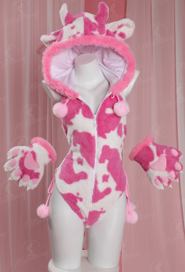 Sexy Lingerie Set Plush Bodysuit Cow Print Hooded Backless Romper with Gloves and Thigh Socks
