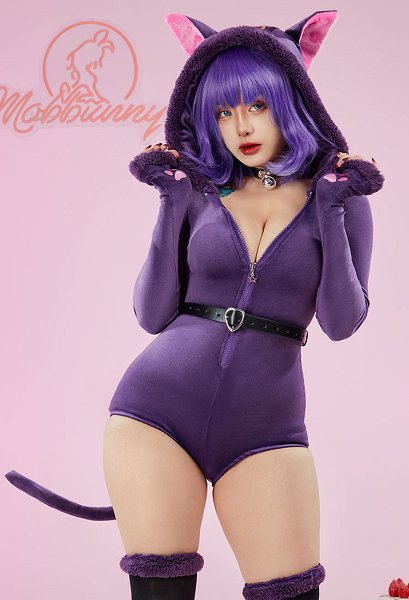 Luna Derivative Fluffy Bodycon Romper Purple Furry Lingerie Hooded Bodysuit Homewear with Tail Belt and Socks