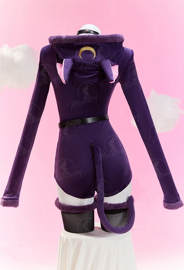 [MobFur] Luna Derivative Fluffy Bodycon Romper Purple Furry Lingerie Hooded Bodysuit Homewear with Tail Belt and Socks
