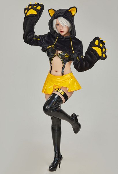 Motorcycle Style Gothic Yellow Sexy Lingerie Set Big Paw Hoodie and Top with Miniskirt and Stockings
