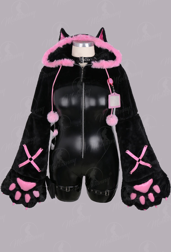 Plus Size Sexy Leather Jumpsuit Tight Bodysuit and Hooded Top with Furry Paw Gloves and Chest Plate Cosplay Costume