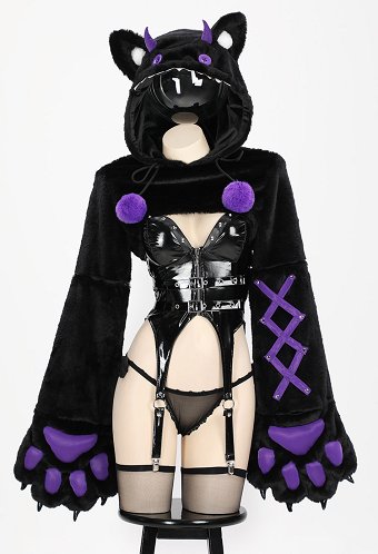 Gothic Sexy Outfit Black and Purple Cat-style Top and Panty with Cropped Jacket and Furry Paws