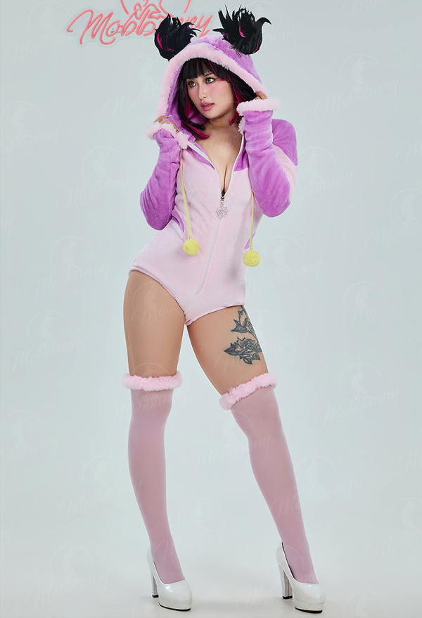 Juri Derivative Plush Homewear Pink Fluffy Bodycon Romper Hooded Bodysuit with Spider Doll and Socks