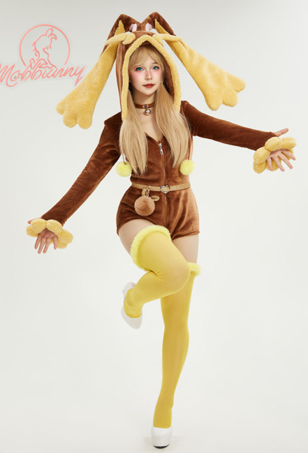 [MobFur] PM Derivative Plush Homewear Fluffy Bodycon Romper Hooded Bodysuit with Thigh Socks and Choker