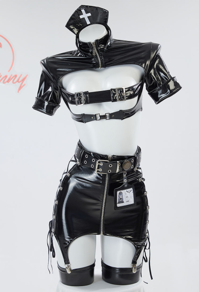 Sexy Lingerie Set Gothic Nurse Style Short Top and Lace-Up Hollow Out Half Skirt with Gloves Headband