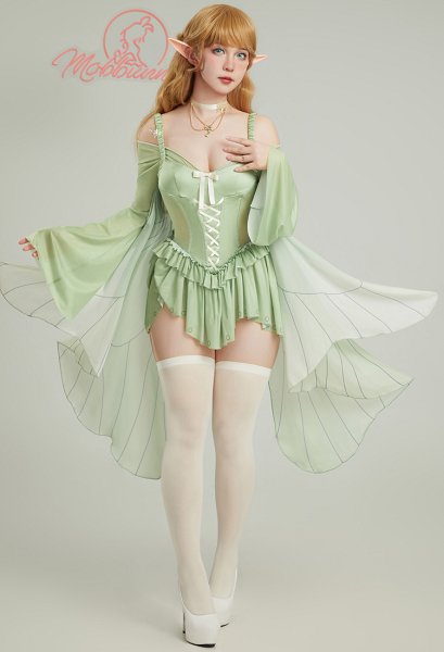 [MobElf] Sexy Elf Lingerie Set Green Ruffle Elegant Bodysuit and Necklace with Stockings
