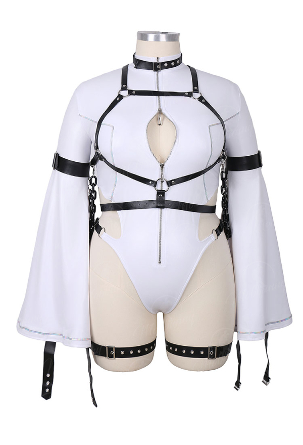 Plus Size Code Giasu C.C. Derivative Sexy Cosplay Bodysuit Cut Out Strappy Jumpsuit with Long Stockings