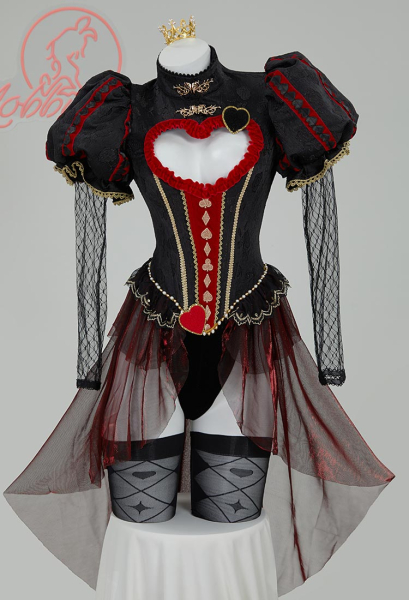 Red Queen Derivative Sexy Lingerie Bodysuit Gothic Vintage Style Heart Cutout Bodysuit with Gloves Crown