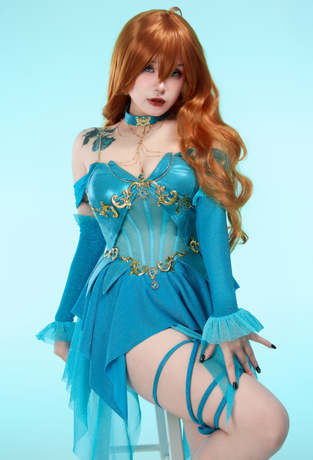 Bloom Derivative Sexy Lingerie Dress Low Cut Irregular Blue Dress with Sleeves Choker Cosplay Costume