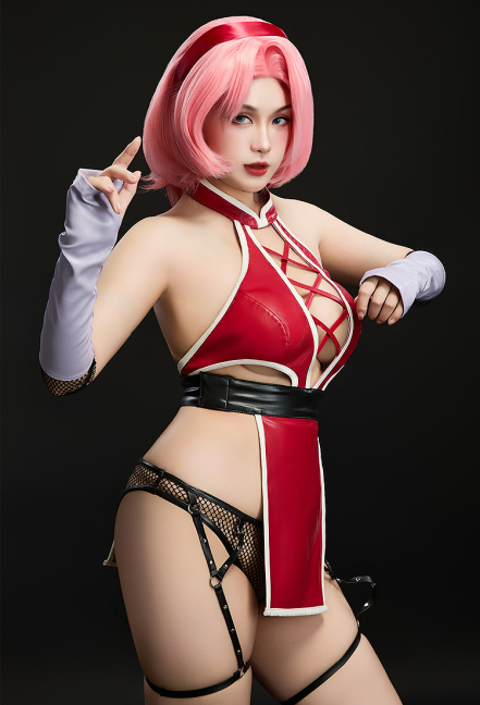 Ninja Sakura Derivative Sexy Lingerie Set Cutout Backless Halter Top and Mesh Panty with Gloves