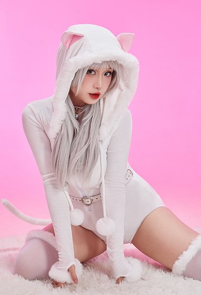 [MobFur] Kawaii Cat Hooded Bodysuit Sexy Lingerie Neko Plush Bodycon Romper with Tail Belt
