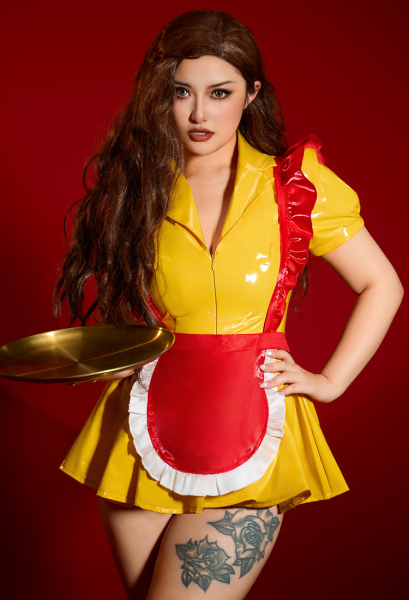 Sexy Lingerie Maid Uniform Set Waitress Yellow Dress with Red Apron and Hat