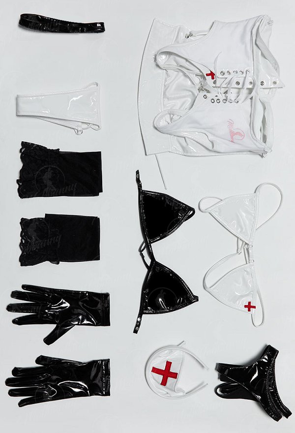 Tifa Derivative Sexy Cosplay Lingerie White Nurse Uniform Cut Out Bodysuit with Black and White Bra and Thong