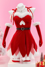 Christmas Elf Sexy Cosplay Set Plush Red and White Irregular Dress with Hat and Underskirt