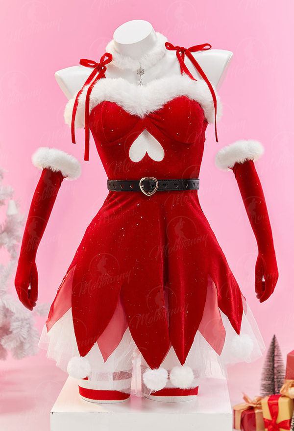 Christmas Elf Sexy Cosplay Set Plush Red and White Irregular Dress with Hat and Underskirt
